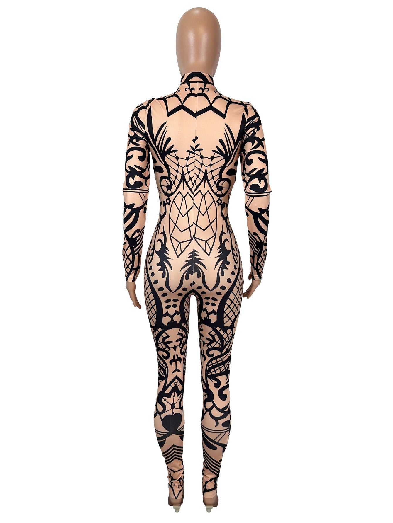 Women'S Sexy Geometric Print Full-Zip Jumpsuit - Long Sleeve Full-Length Pants Bodysuit with V-Neck, All-Over & Pattern, Stretchy Comfort Fit for Casual to Formal Events, Year-Round Wear, Easy Zipper Closure (No Fasteners) -