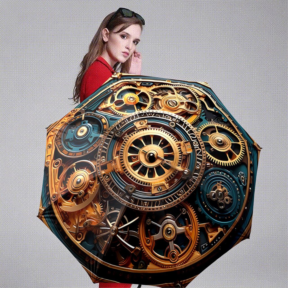 Steampunk Automatic Folding Umbrella with Gears & Clockwork Mechanism - 8-Rib Durable Iron Frame, Portable Collapsible Design, 210T Pongee Canopy, Casual Outdoor Accessory For Christmas, Birthday Gifts, Steampunk Umbrella, Fe