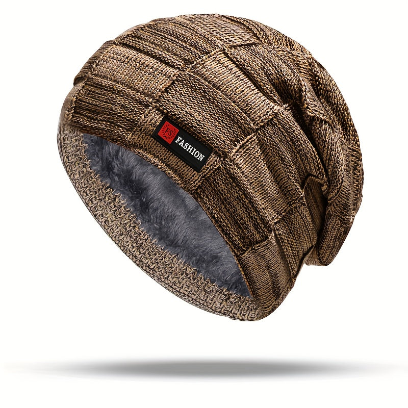 Men's Black Cable-Knit Winter Hat with Ear Flaps & Red Label-Like Patch - Soft Warm Beanie for Cold Weather, Durable Textile Material, Versatile for Sports & Everyday Use - Ideal Gift for Men (Hand Wash/Dry Clean)