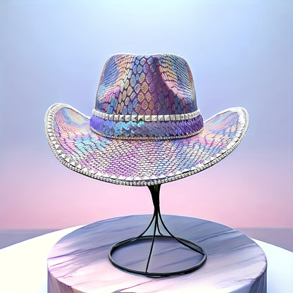 HONGLUAN Sparkly Rhinestone Cowboy Hat for Women & Men - Shiny Purple Iridescent Western Hat with Wide Brim, Multicolor (Pink/Blue/Purple/Green) Bling Design, Durable for Country Parties, Music Festivals, Halloween, Christmas