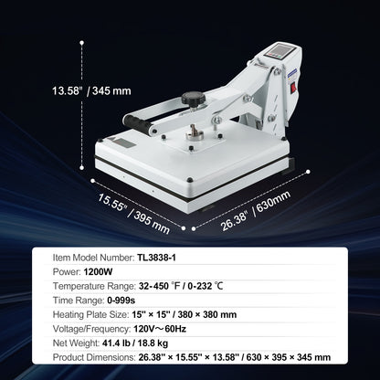 VEVOR 1700W Heat Press, 16x24/15x15/16x20in Power Heat Press Machine, High Pressure Fast Heating Heat Press Machine for T-Shirt, Digital Industrial Sublimation Printer for Heat Transfer Vinyl, Easy to Use, Black
