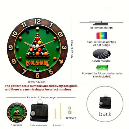 1pc Pool Shark Billiards-Themed Wall Clock - Silent Non-Ticking Quartz Movement, Modern Pool Table Decor with Green Background - Acrylic Game Room, Home, or Office Decoration - Battery-Powered (AA Not Included) - Perfect Gift