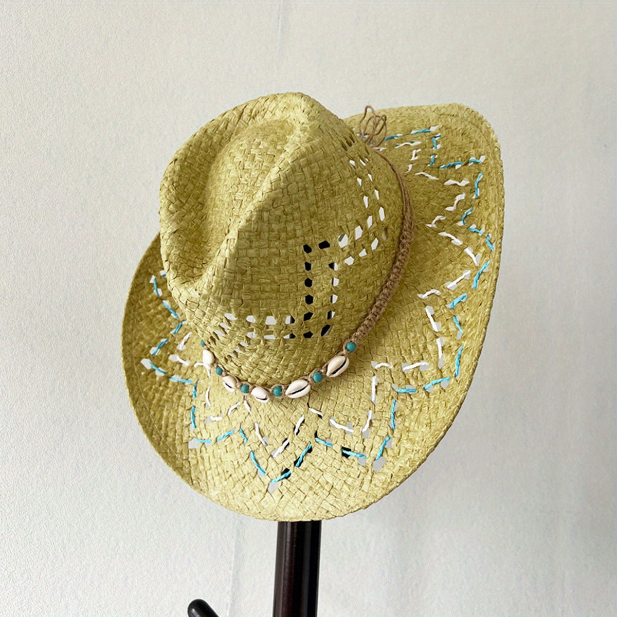 Women Summer Western Cowgirl Hat Bead Belted Wide Brim Straw Beach Cap