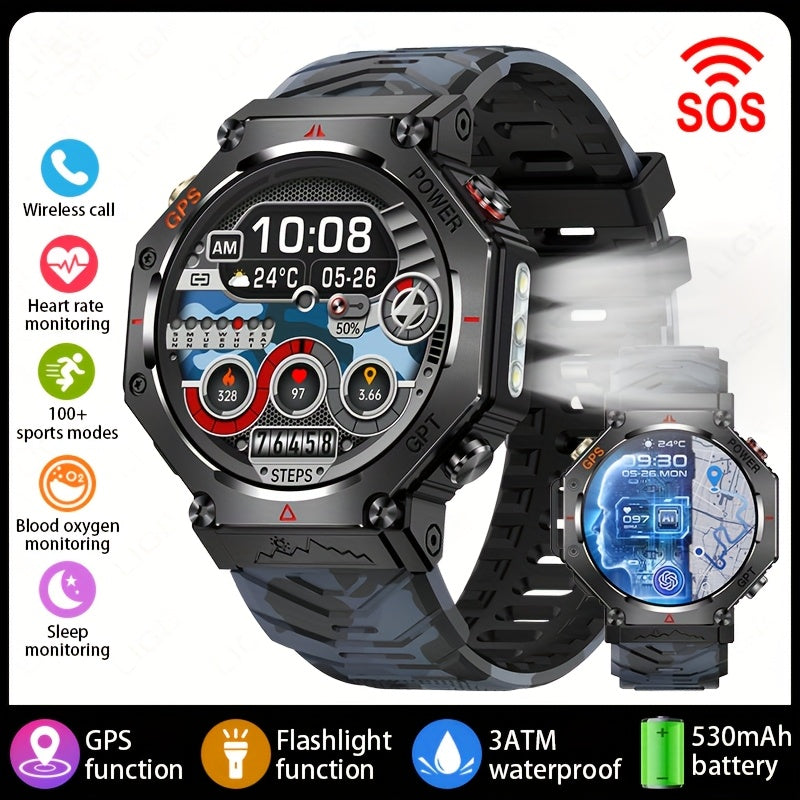 Men's Smartwatch - 1.39inch full touch HD Display, come with long range flashligh & GPS function, 530mAh large battery capacity, Wireless Calls/dial, compass, Music Control, massive sports modes, Zinc Alloy Case, Silicone and