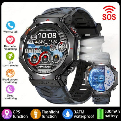 Men's Smartwatch - 1.39inch full touch HD Display, come with long range flashligh & GPS function, 530mAh large battery capacity, Wireless Calls/dial, compass, Music Control, massive sports modes, Zinc Alloy Case, Silicone and