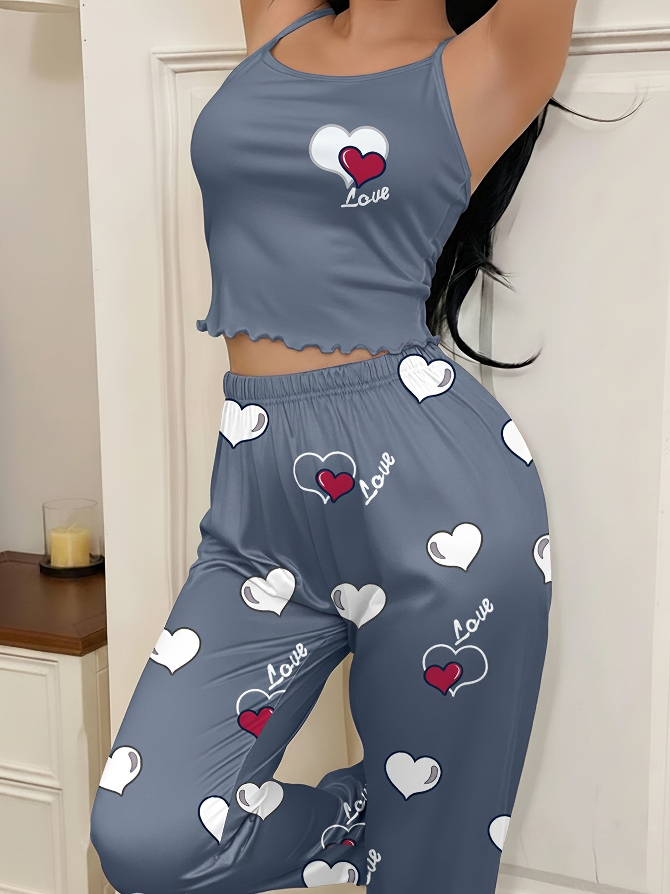 Casual Women'S Blue Pajama Set with Two Hearts Alphabet Spaghetti Strap Top and Long Pants | Comfortable All-Season Sleepwear for Adults