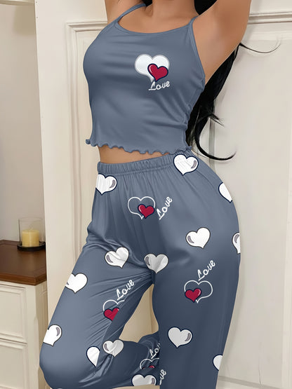 Casual Women'S Blue Pajama Set with Two Hearts Alphabet Spaghetti Strap Top and Long Pants | Comfortable All-Season Sleepwear for Adults