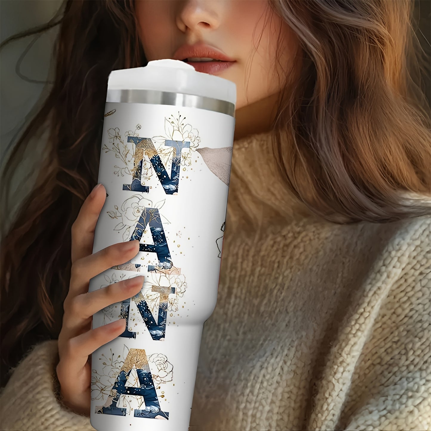 1pc 30oz Floral NANA Stainless Steel Insulated Tumbler with Lid & Straw, Double-Wall Vacuum Insulated Cup for Hot & Cold Drinks, Perfect for Outdoor Travel, Birthday & Holiday Gifts, Travel Drinkware | Floral Pattern Tumbler