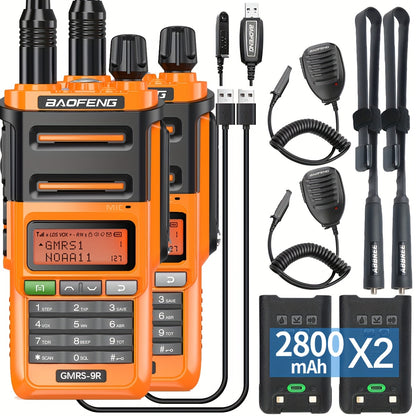 2pcs BAOFENG GM-9R Pro GMRS Radio with NOAA Weather Alerts, 250 Memory Channels & USB-C Charger - Long Range Two-Way Walkie Talkie with Earpiece, Compatible with AA-36 USB-C Cable for Camping, Hunting, Survival, Emergency Pre