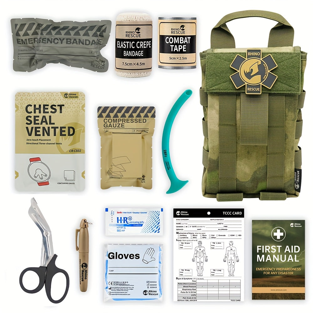 RHINO RESCUE Green Tactical First Aid Kit, IFAK, 39.37inch Tactical First Aid Kit, Including Tourniquet, Bandage, Chest Seal, Used for Severe Bleeding Control, Made Of Nylon Material, with MOLLE Quick Release System