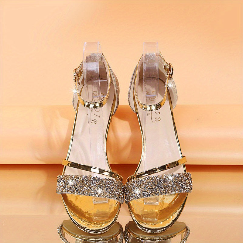 Women'S European-American Style Low Block Heel Sandals - Open-Toe with Adjustable Strap, Non-Slip Synthetic Sole - Size 43 (US 10.5) - for Parties, Weddings, Everyday - Summer Women'S Shoes, Wedding Footwear, Rhinestone Embel