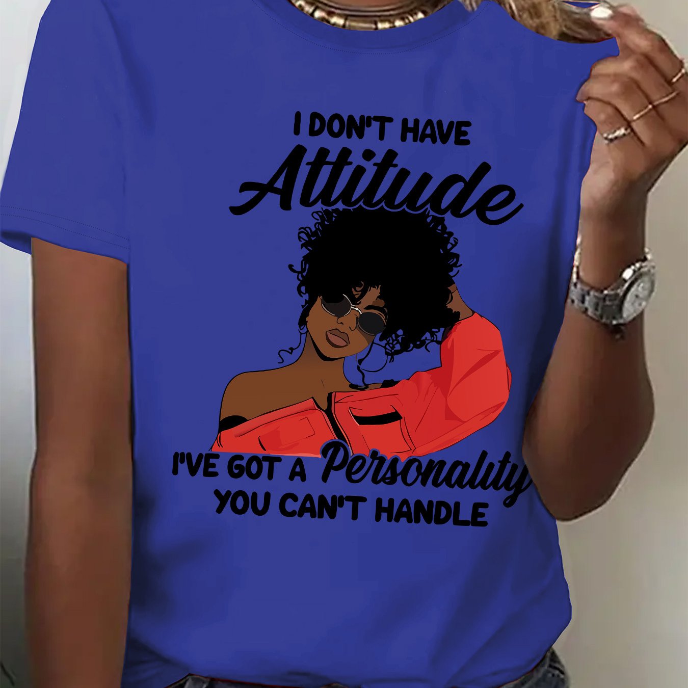 Women's "I Don't Have Attitude" Slogan Graphic T-Shirt - Vibrant Red Short Sleeve Crew Neck Casual Top with Bold Text & Fashion Glasses Design, Machine Washable All-Season Comfort Fit Tee, Fashionforward Look, Durable Fabric