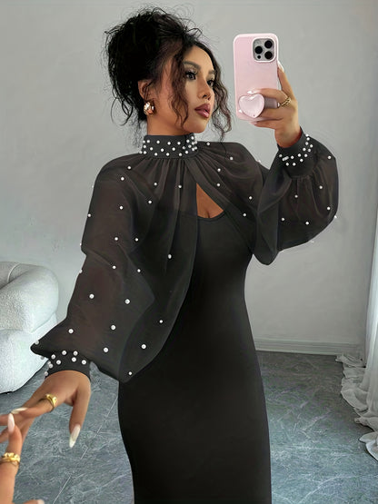 WY251221079 Elenzga New Elegant Mature Charm Evening Gown, Graceful and Gentle, Dreamy Pink, Hand-beaded Long Sleeve Top, Elegant Mermaid Fit Strapless Dress Set, Spring/Summer Women's Wear