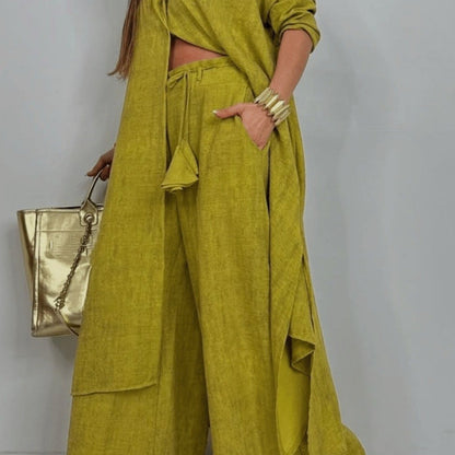 2pcs Olive Green Wide-Leg Pants Set | Vintage-Inspired, Relaxed-Fit Long Coat Paired with High-Waisted Wide-Leg Pants, Perfect for Island Getaways And City Strolls, Suitable for Fall/Winter.