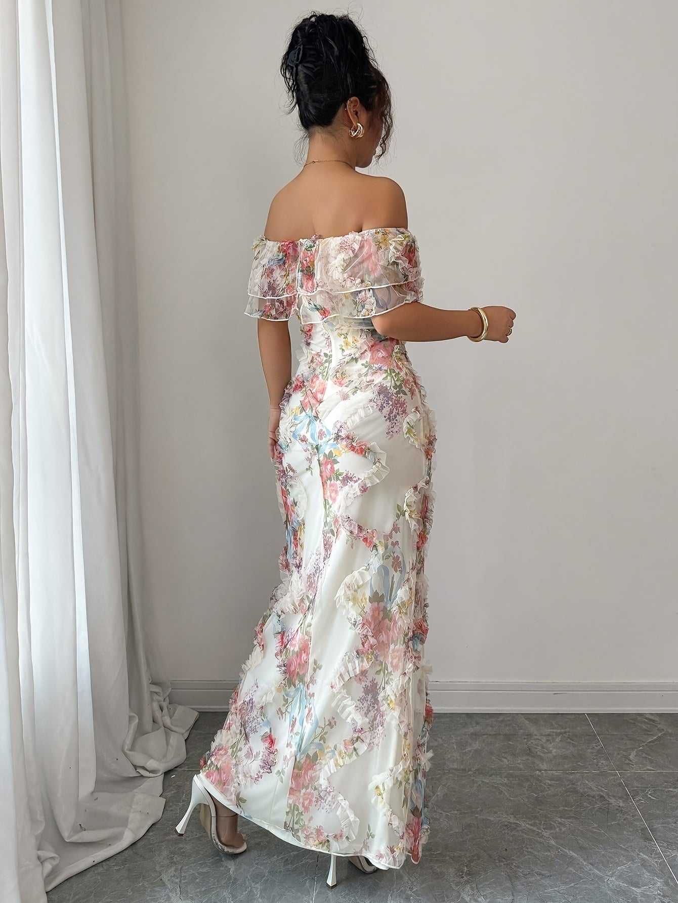 A Stylish And Romantic Off-Shoulder Bodycon Dress for Women, Featuring Ruffles And a Floral Sheer Design That Highlights The Waist
