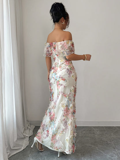A Stylish And Romantic Off-Shoulder Bodycon Dress for Women, Featuring Ruffles And a Floral Sheer Design That Highlights The Waist
