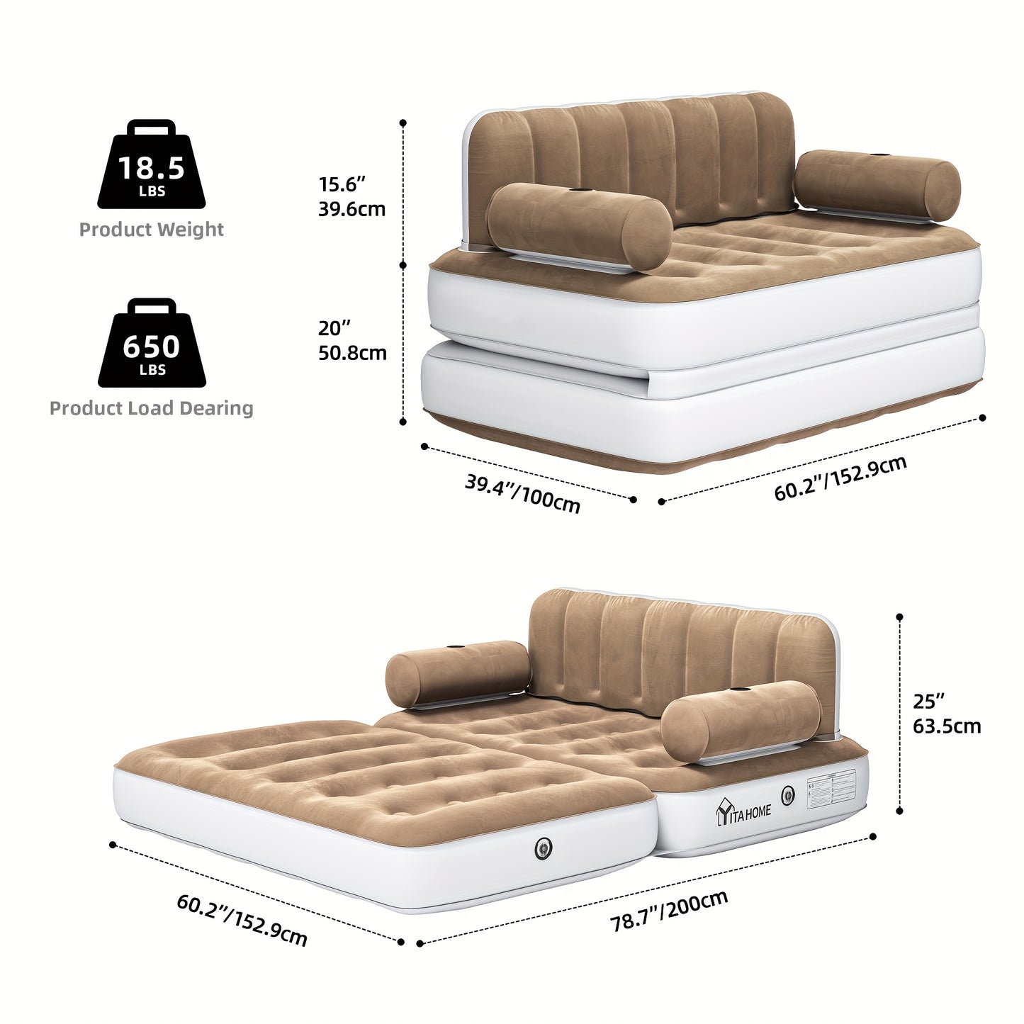 Inflatable Air Sofa Bed 2-in-1 Backrest Couch Airbed W/Headboard And External Pump, Portable Convertible Blow Up Bed Mattress W/Storage Bag, Sofa W/Build-in Cup Holders Arm, For Home, Outdoor Camping And Guests, Living Room F