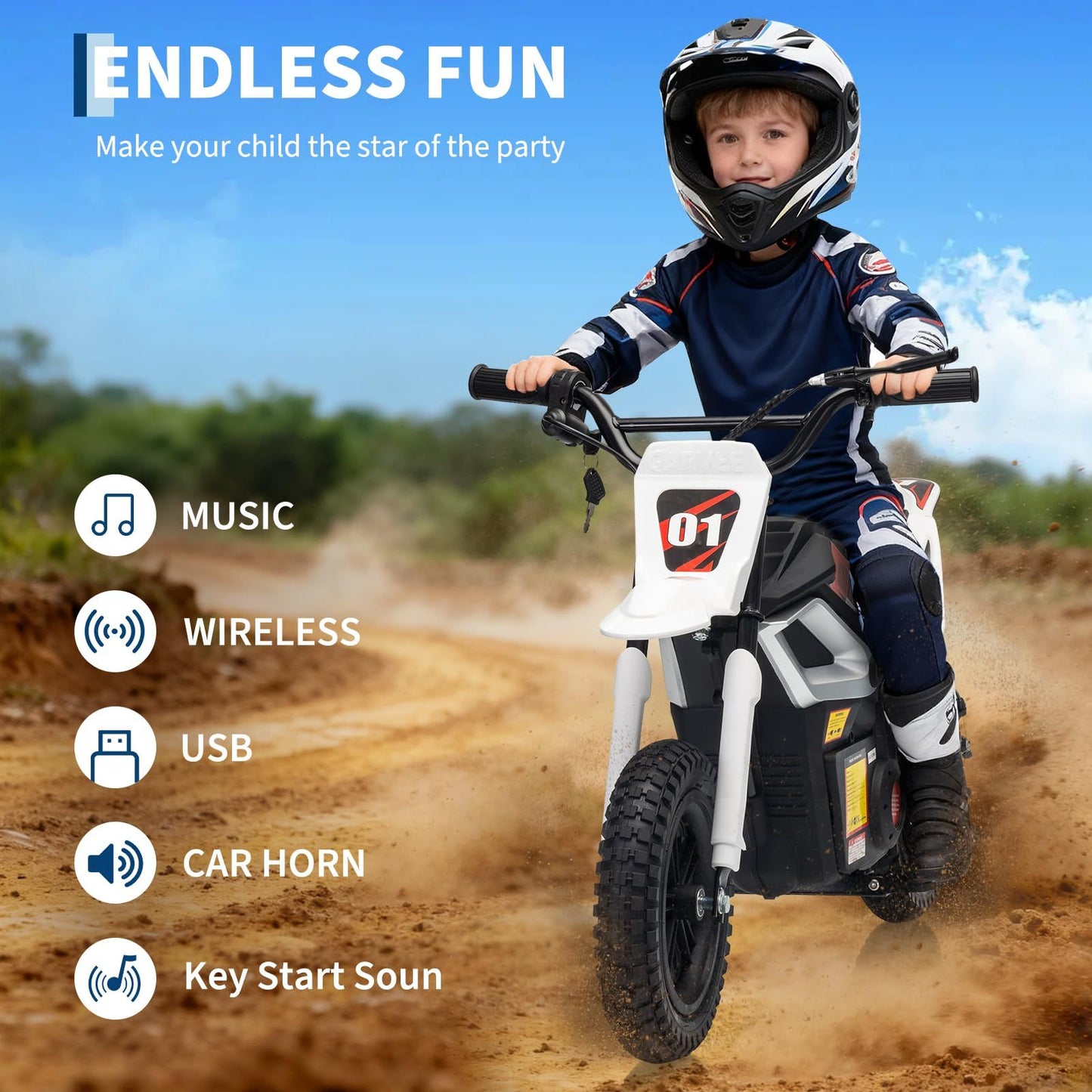 24V 350w Kids Motorcycle, 13. 67 Mph Max Speed Kids Electric Bike, Dirt Bike with Rear Wheel Suspension, Music, 12 Miles Range, Twist Grip Throttle, Metal Suspension, Rubber Tire, Leather Seats