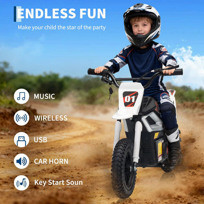 24V 350w Kids Motorcycle, 13. 67 Mph Max Speed Kids Electric Bike, Dirt Bike with Rear Wheel Suspension, Music, 12 Miles Range, Twist Grip Throttle, Metal Suspension, Rubber Tire, Leather Seats