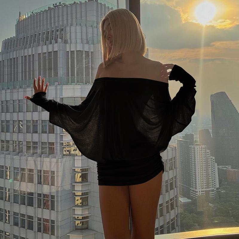 Women'S Sexy Off-the-Shoulder Long Sleeve Mini Dress - Solid Color Sheer Panel Party Clubwear, European & American Inspired Pleated Bandeau Dress for Spring/Autumn, Casual to Night Outfits, 2025 New Arrival (Sexy Off-Shoulder