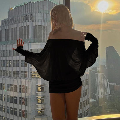 Women'S Sexy Off-the-Shoulder Long Sleeve Mini Dress - Solid Color Sheer Panel Party Clubwear, European & American Inspired Pleated Bandeau Dress for Spring/Autumn, Casual to Night Outfits, 2025 New Arrival (Sexy Off-Shoulder