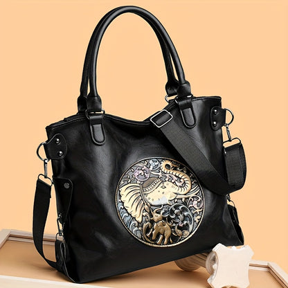 Women'S Large Capacity Tote Bag with Adjustable Strap - Elegant Black & Golden Animal Print (Elephant, Leopard, Lion, Tiger, Dragon) - Durable Synthetic Faux Leather-like Texture, Spacious Everyday Purse for Work, Travel, Ver