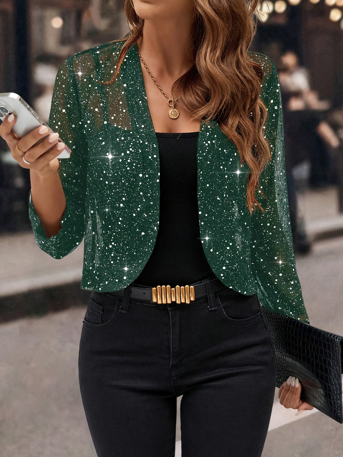 Women's Glitter Sequin - Golden Foil Pleated Fabric - Cardigan Jacket - 3/4 Sleeve Short Cropped Blazer for Business Casual