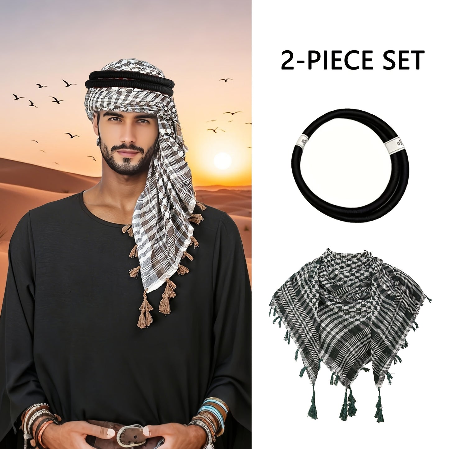 [Two piece set ]Arabic square scarf hanging on all sides with contrasting colors, Arab headscarf jacquard scarf, formal casual robe, clothing headscarf set, perfect gift for men during Ramadan, a choice for holiday gifts