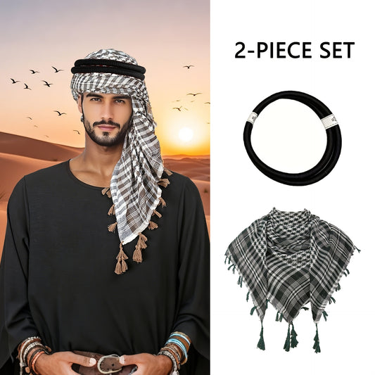 [Two piece set ]Arabic square scarf hanging on all sides with contrasting colors, Arab headscarf jacquard scarf, formal casual robe, clothing headscarf set, perfect gift for men during Ramadan, a choice for holiday gifts