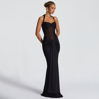 Women's Elegant Ruched Halter Neck Maxi Dress, Slim Fit Summer Party Dress