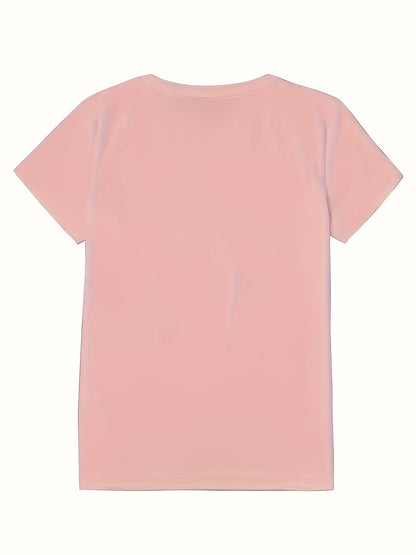 Women's Casual Short Sleeve T-Shirt with Rhinestone-Embellished Heart Print - Round Neck Relaxed Fit, Medium Stretch Fabric, Machine Washable, All-Season Versatile Top for Casual Attire & Vacations (S-XXL, Multi-Color Options