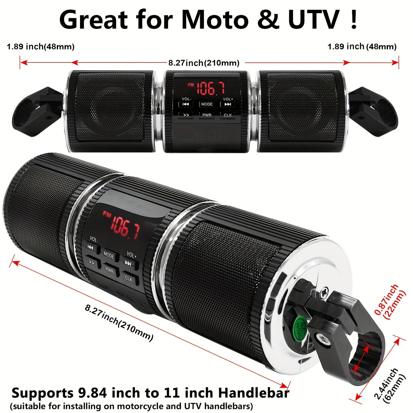 Wireless Motorcycle Audio - Motorcycle ATV Stereo Speakers - Handlebar Mount MP3 Music Player Audio Amplifier - AUX-in, USB, TF card, FM Radio