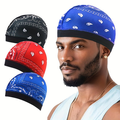 3pcs Paisley Elastic Round Hat Set, Faux Pirate Cap, Hair Loss Wig Headband for Hip-Hop Singers.Warm,Winter hat,Suitable for cold weather