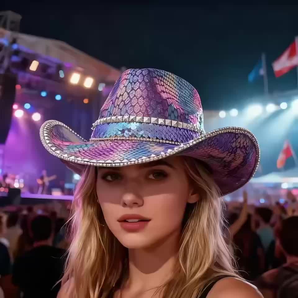 HONGLUAN Sparkly Rhinestone Cowboy Hat for Women & Men - Shiny Purple Iridescent Western Hat with Wide Brim, Multicolor (Pink/Blue/Purple/Green) Bling Design, Durable for Country Parties, Music Festivals, Halloween, Christmas