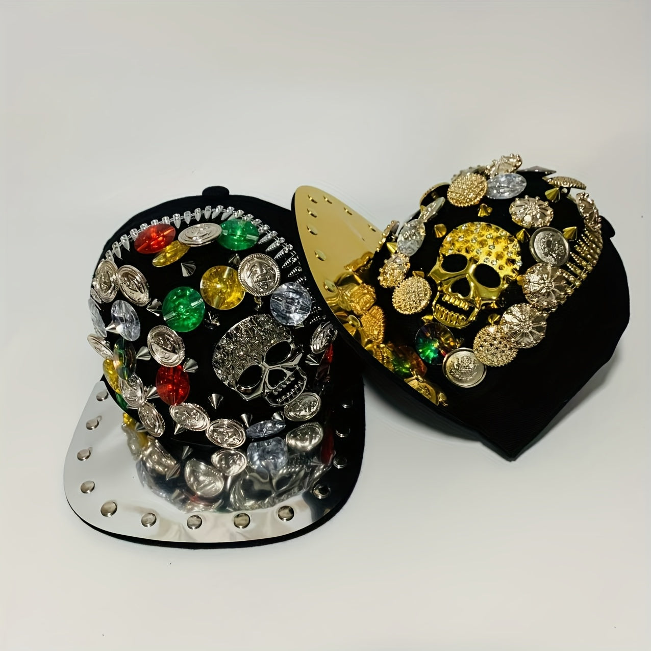 Handcrafted Rivet Studded Fashion Baseball Cap - Lightweight Polyester, Casual Street Style with Colorful Gemstones and Skull Motif for Dance and Performance