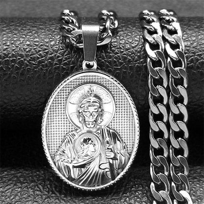 Men's Sacred Heart Necklace - Elegant Golden Medal Pendant, Durable Chain for Formal & Everyday Jewelry - Ideal Gift for Birthdays, Anniversaries, Father's Day - Year-Round Luxury Necklace for Him, Classic Link Chain, Robust
