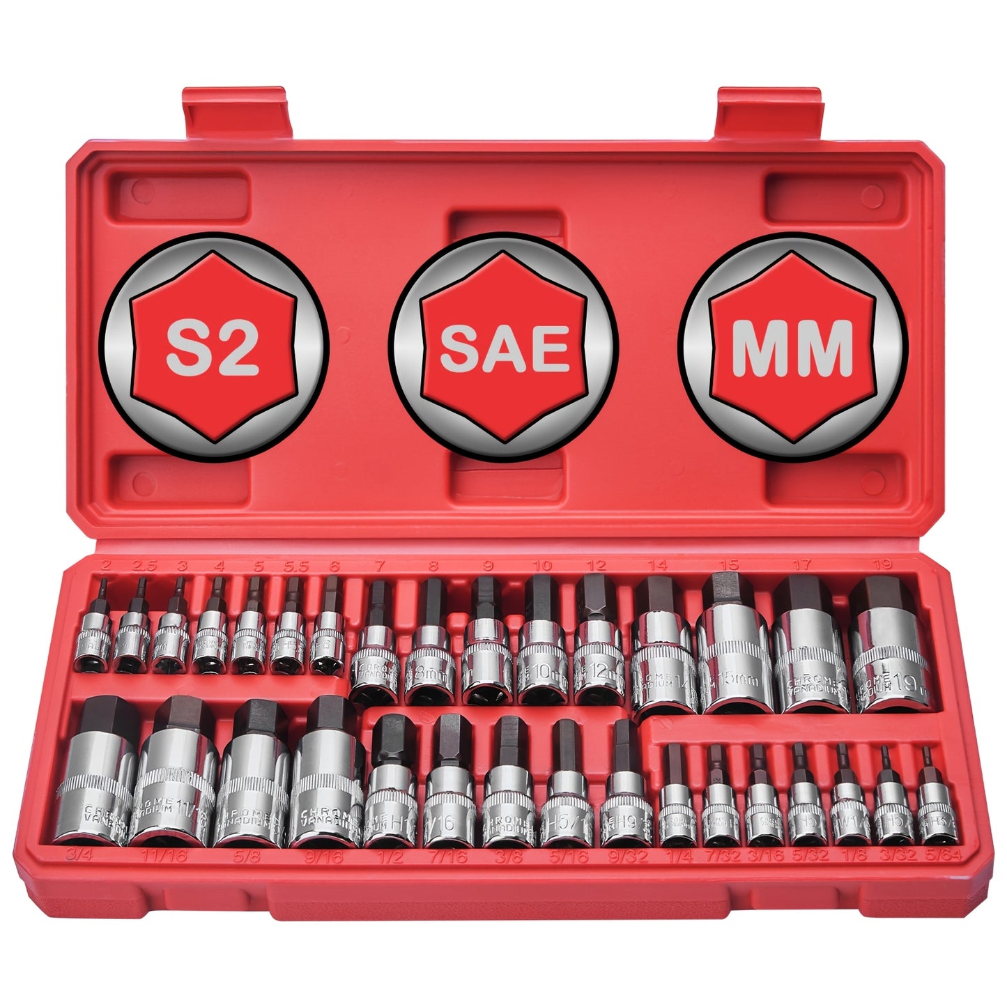 S2 & Cr-V Steel 32pcs Hex Bit Socket Set - SAE & Metric Sizes, 1/4", 3/8", 1/2" Drive, Alternative to Hex Wrenches, with Manual and Ratchet Handles - Ideal Gift for Father'S Day and Holidays