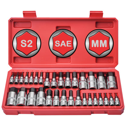 S2 & Cr-V Steel 32pcs Hex Bit Socket Set - SAE & Metric Sizes, 1/4", 3/8", 1/2" Drive, Alternative to Hex Wrenches, with Manual and Ratchet Handles - Ideal Gift for Father'S Day and Holidays