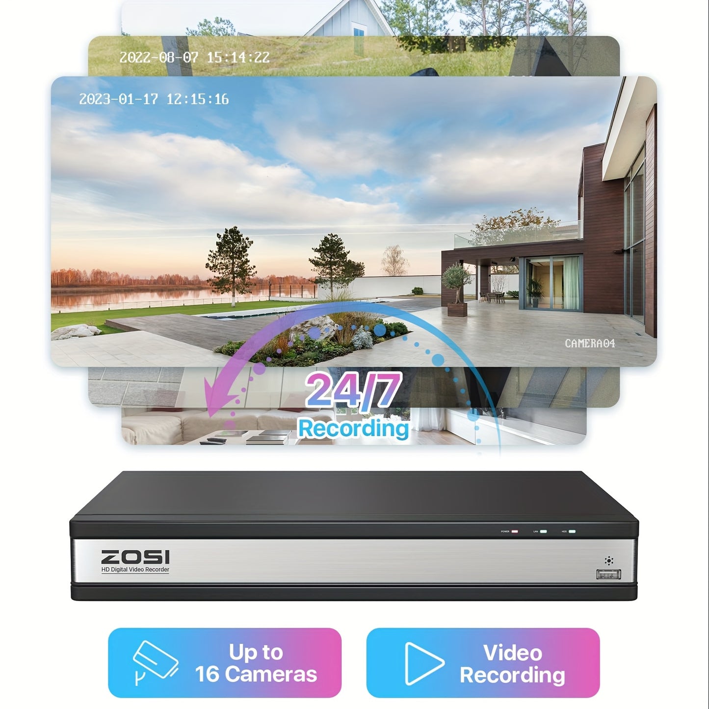 ZOSI 16-Channel 3K Lite Security Camera System with 12 Wired Cameras, 80ft IR Night Vision, AI Human/Vehicle Detection, 1080P Outdoor/Indoor CCTV DVR, H.265+ Smart Recording, 24/7 Monitoring, 16-Channel DVR with AI-Powered Al