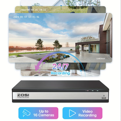 ZOSI 16-Channel 3K Lite Security Camera System with 12 Wired Cameras, 80ft IR Night Vision, AI Human/Vehicle Detection, 1080P Outdoor/Indoor CCTV DVR, H.265+ Smart Recording, 24/7 Monitoring, 16-Channel DVR with AI-Powered Al