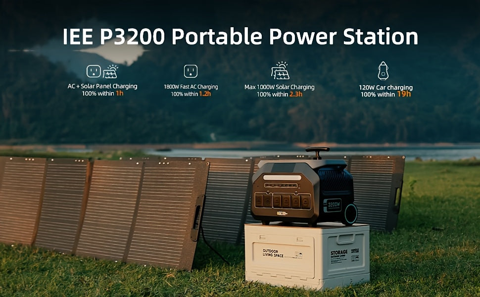 IEE 3200W Portable Power Station with 200W Solar Panel & 2048Wh LiFePO4 Battery - 1800W AC Charging, 4 AC Outlets, 110-220V, 120V/240V