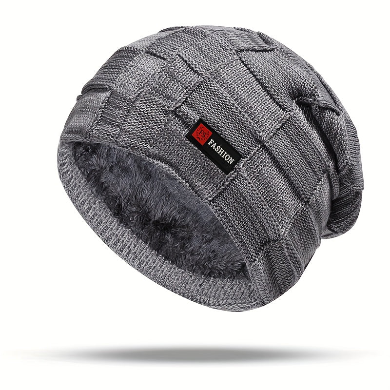 Men's Black Cable-Knit Winter Hat with Ear Flaps & Red Label-Like Patch - Soft Warm Beanie for Cold Weather, Durable Textile Material, Versatile for Sports & Everyday Use - Ideal Gift for Men (Hand Wash/Dry Clean)
