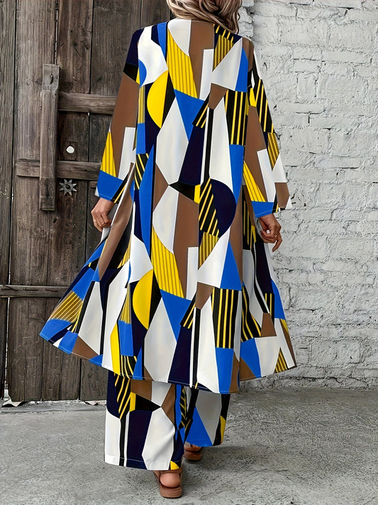 Plus Size, Two Piece Set Cardigan Wide Leg Pants Geometric Print Color Block Loose Fit Casual Style