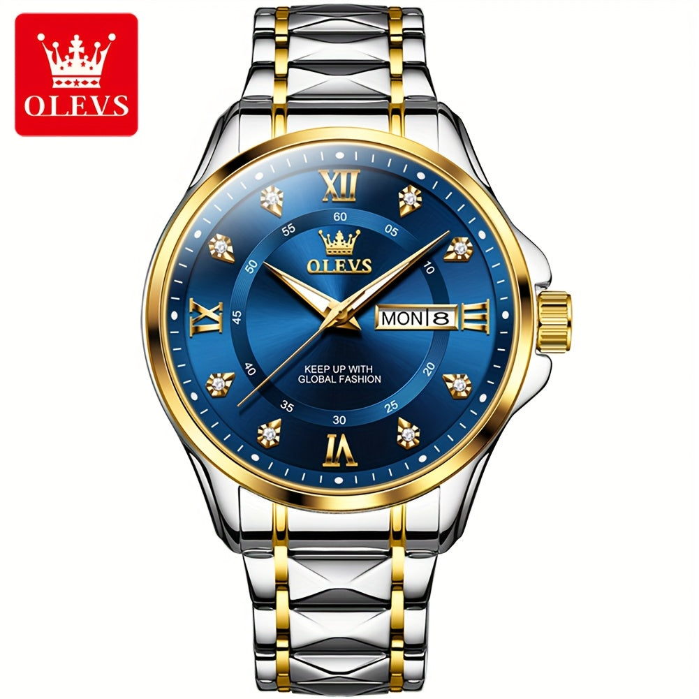 OLEVS Men's Luxury Business Chronograph Watch - Stainless Steel Dual Date & Day Calendar, Luminous Hands, Quartz Movement, Black Dial with Golden Accents for Formal & Casual Wear, Professional Timepiece, Sophisticated Style,