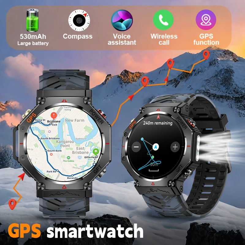 Men's Smartwatch - 1.39inch full touch HD Display, come with long range flashligh & GPS function, 530mAh large battery capacity, Wireless Calls/dial, compass, Music Control, massive sports modes, Zinc Alloy Case, Silicone and