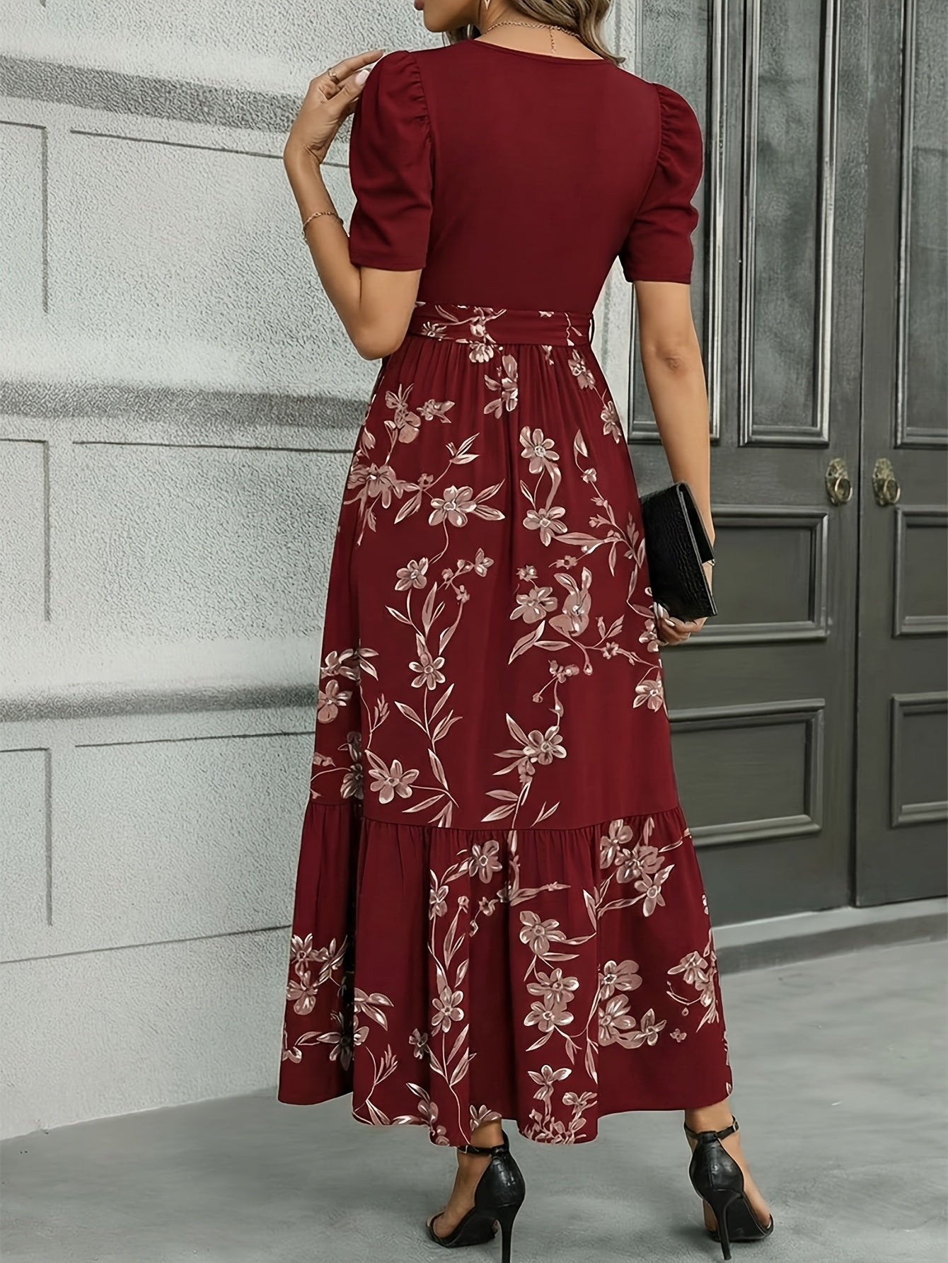 Women'S Floral Cinched-Waist Casual Long Dress, Suitable for Light Business Gatherings | Weekend Afternoon Tea And Similar Occasions, Elegant And Refined.