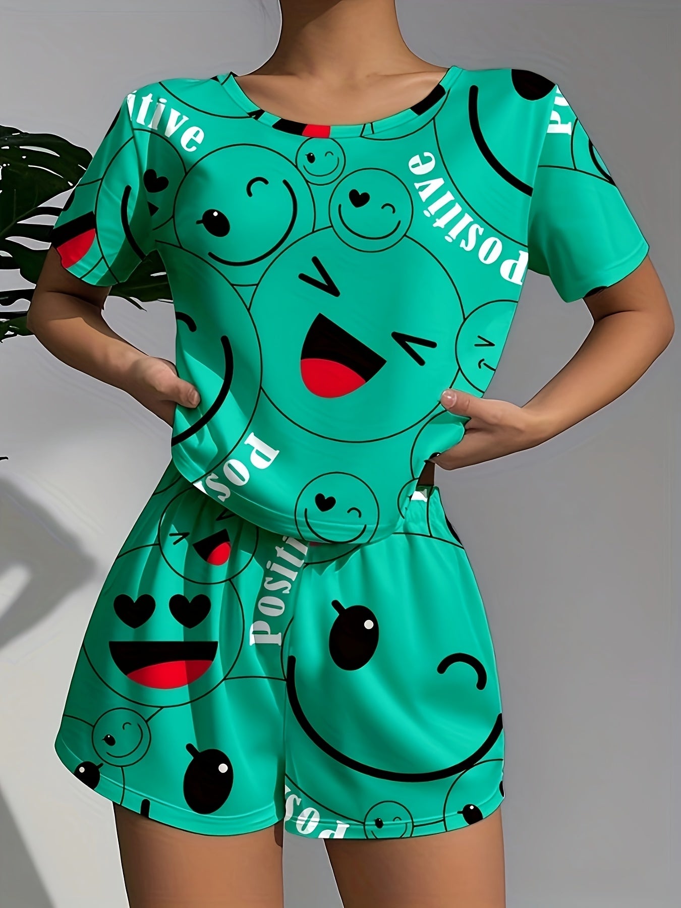 Women's Pajamas Women's Casual Sleepwear Happy Theme Patterned Pajama Set, Soft Loose Fit Short Sleeve Top with Elastic Pants, Machine Washable and Dry Cleanable, Perfect Sleeping Choice