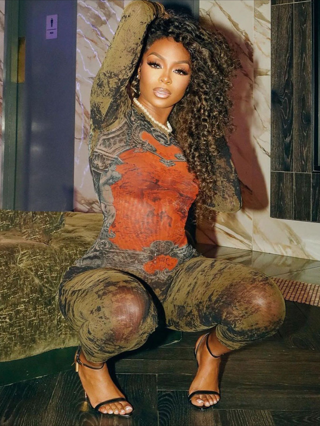 LUCKFOX Sexy Street Trend Digital Printing Long Sleeve Jumpsuit Women | Deep V Neck, Perfect for Spring/Summer/Fall
