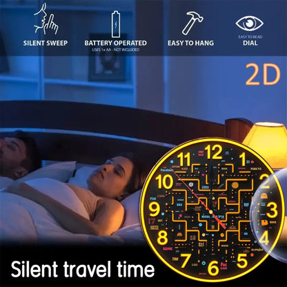 1 wall-mounted clock, 2D flat 10-inch Retro game theme round wooden wall-mounted clock, battery-powered (excluding AA battery), suitable for home, kitchen, swimming pool or bathroom decoration, living room wall-mounted clock,