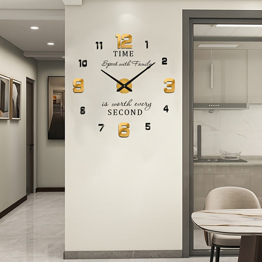 1pc Large DIY 3D Frameless Wall Clock Kit - "Time is Worth Every Second" Design, Silent, Digital Display - Ideal for Home, Living Room, Bedroom, Office Decor (Battery Not Included), Office Decor Accessory|Bold Typography|Fram